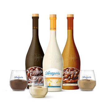 três garrafas de Amarguinha creme de chocolate e caramelo